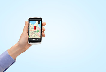 Image showing close up of hand with smartphone gps navigator map
