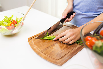 Image showing close up of woman chopping green onion with knife