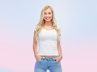 Image showing happy young woman or teenage girl in white t-shirt