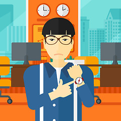 Image showing Angry boss pointing at wrist watch.
