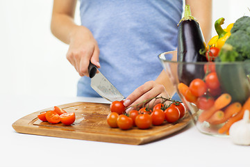 Image showing close up of woman chopping tomatoes with knife