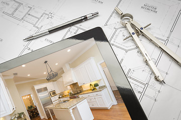 Image showing Computer Tablet Showing Finished Kitchen On House Plans, Pencil,