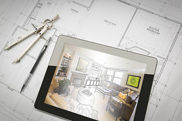 Image showing Computer Tablet Showing Room Illustration On House Plans, Pencil