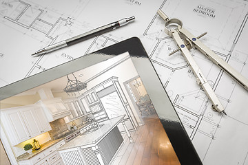 Image showing Computer Tablet Showing Kitchen Illustration On House Plans, Pen