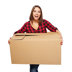 Image showing Young woman carrying cardboard box