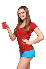 Image showing smiling teen girl holding blank credit card