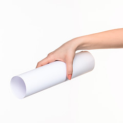 Image showing The cylinder female hands on white background