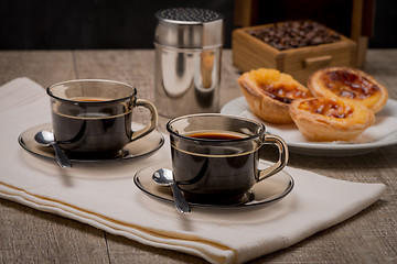 Image showing Portuguese Custard Tarts with Coffee