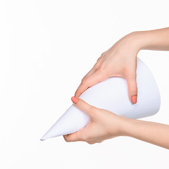 Image showing The cone in female hands on white background