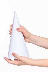 Image showing The cone in female hands on white background