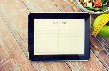 Image showing close up of diet plan on tablet pc and food