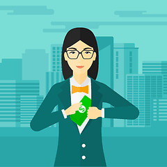 Image showing Woman putting money in pocket.