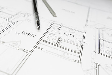 Image showing Engineer Pencil and Ruler Resting on House Plans