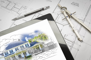 Image showing Computer Tablet Showing House Illustration On House Plans, Penci