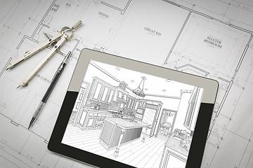 Image showing Computer Tablet Showing Kitchen Illustration On House Plans, Pen