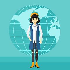 Image showing Business woman standing on globe background.