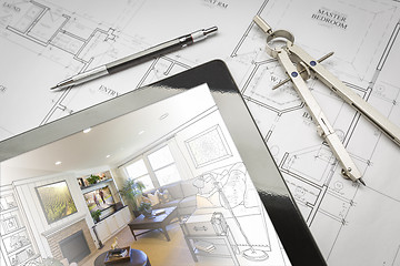 Image showing Computer Tablet Showing Room Illustration On House Plans, Pencil