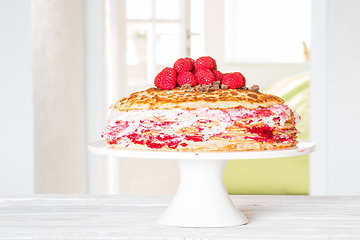 Image showing Birthday cake with pancakes and raspberries