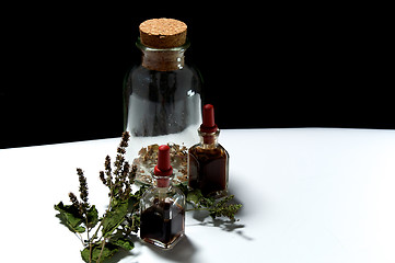 Image showing three glass bottles with herbal extracts and dried herbs from ab