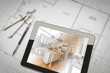 Image showing Computer Tablet Showing Kitchen Illustration On House Plans, Pen