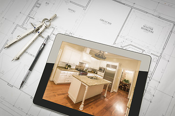 Image showing Computer Tablet Showing Finished Kitchen On House Plans, Pencil,