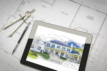 Image showing Computer Tablet Showing House Illustration On House Plans, Penci