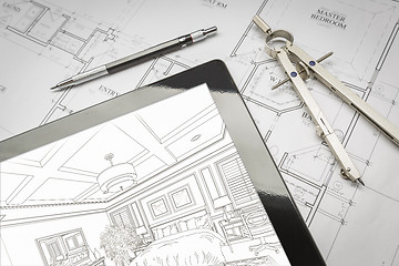 Image showing Computer Tablet Showing Room Illustration On House Plans, Pencil