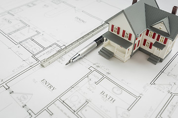 Image showing Model Home, Engineer Pencil and Ruler Resting On House Plans