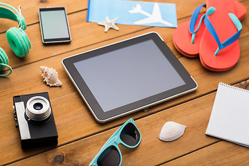 Image showing close up of tablet pc and travel stuff