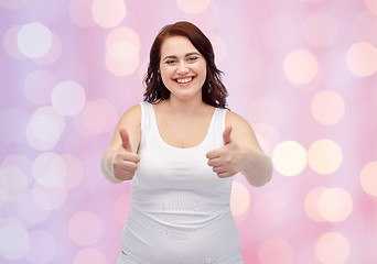 Image showing plus size woman in underwear showing thumbs up