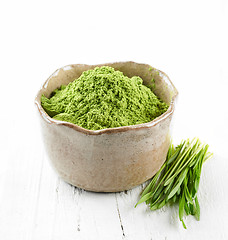 Image showing bowl of green wheat grass powder