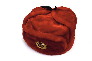 Image showing red fur hat with a badge