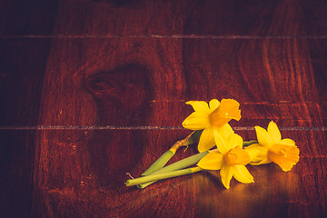 Image showing Yellow daffodils on dark wood