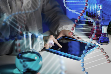 Image showing close up of scientist with tablet pc in laboratory