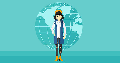 Image showing Business woman standing on globe background.