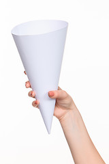 Image showing The cone in female hands on white background