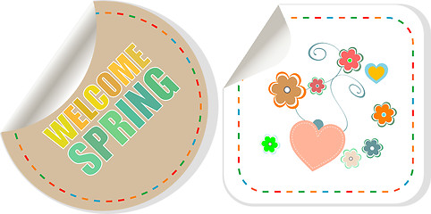 Image showing Welcome Spring Holiday Card. Welcome Spring Vector. Welcome Spring web button isolated on white. Spring Holiday Graphic. Welcome Spring Art. Spring Holiday Drawing