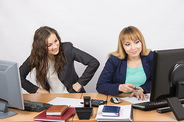 Image showing Office worker with feigned indignation looking at the colleague sitting next to the computer innocently