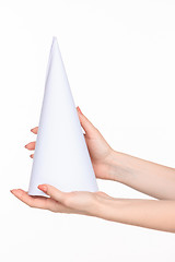 Image showing The cone in female hands on white background