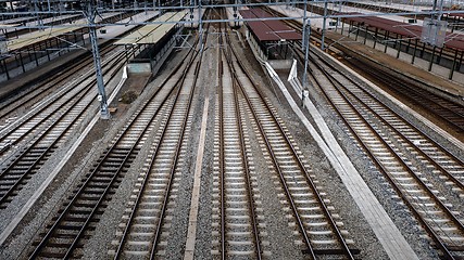 Image showing Cargo trains in old train depot