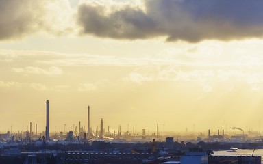 Image showing Industrial zone at sunset