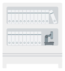 Image showing Shelves with folders and microscope.