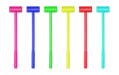 Image showing Collection of large toy hammers isolated