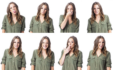 Image showing cute young woman in different expression collage