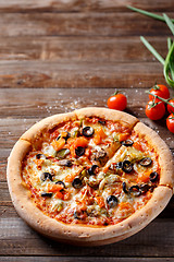 Image showing Pizza with tomato, mushroom and olives