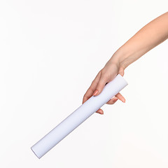 Image showing The cylinder female hands on white background