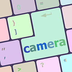 Image showing camera word on keyboard key, notebook computer button vector illustration