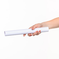 Image showing The cylinder female hands on white background