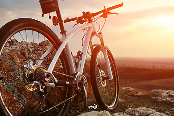 Image showing Bicycle stands on a rock