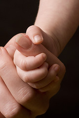 Image showing Baby's hand gripping adult finger